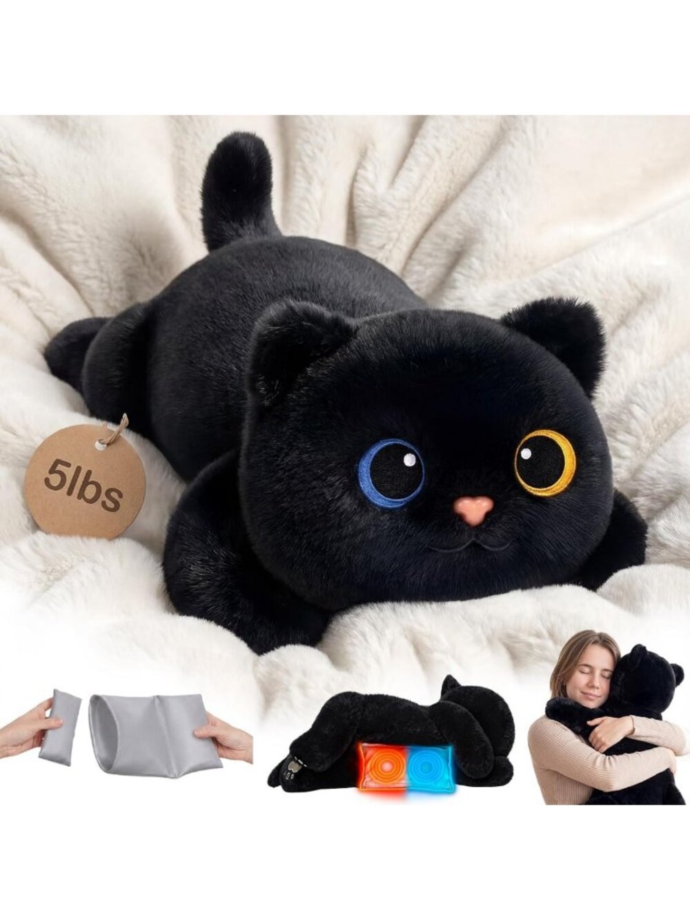 Heatable Coolable Weighted Black Cat Plush Stuffed Animal, 2-5lbs, Cozy